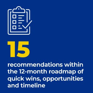 15 recommendations within the 12 month roadmap of quick wins, opportunities, and timeline.