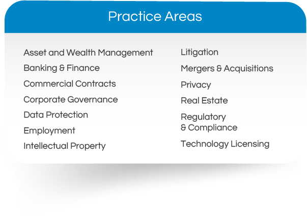 Practice areas include asset and wealth management, litigation, banking and finance, mergers and acquisitions, commercial contracts, privacy, corporate governance, real estate, data protection, regulatory and compliance, intellectual property, and technology licensing.