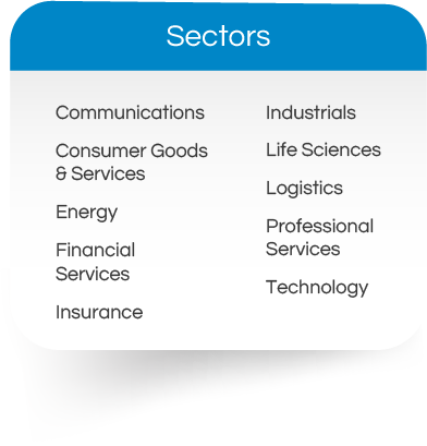 Sectors serviced are communications, industrials, consumer goods and services, life sciences, logistics, energy, professional services, financial services, technology, and insurance.