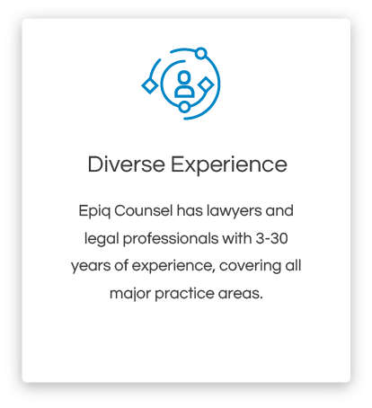 Diverse Experience. Epiq Counsel has lawyers and legal professionals with 3 to 30 years of experience, covering all major practice areas.
