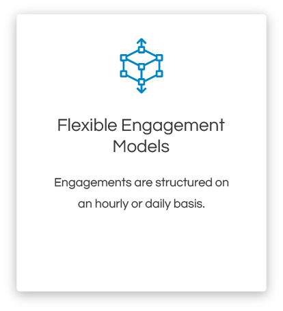 Flexible Engagement Models. Engagements are structured on an hourly or daily basis with minimal weekly commitment.