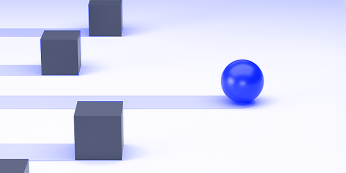 Blue ball rolling away from black boxes