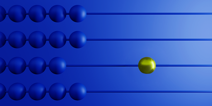 Abstract illustration of blue spheres aligned in rows, with one gold sphere moving ahead to represent strategic leadership and adaptability.