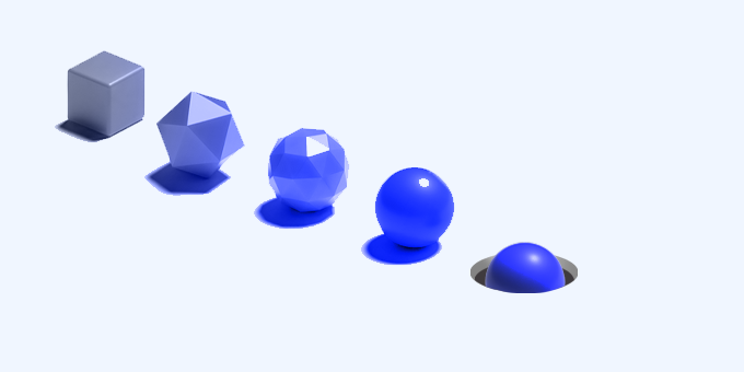 A sequence of blue geometric shapes gradually becoming smoother shapes, ending with a blue sphere partially falling into a circular opening to display adapting shape to meet demands.