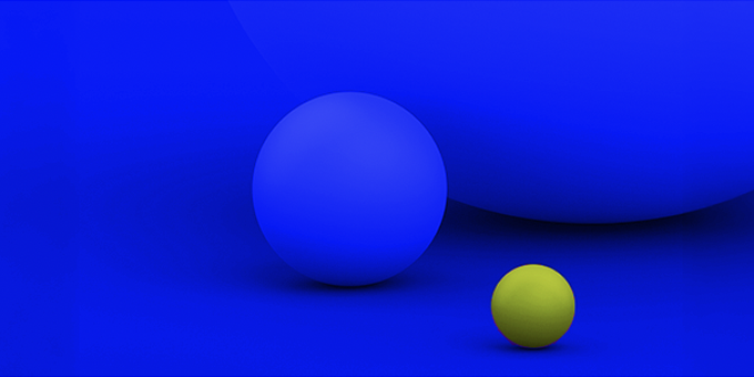Abstract image showing a large blue sphere beside a smaller green sphere, representing cost reduction and scale differences in legal rate management.