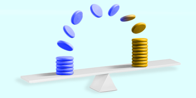 Blue chips being flipped and turning into yellow chips on a seasaw