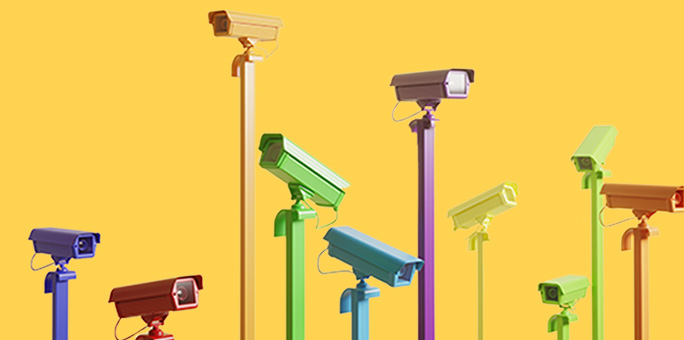 Different color surveillance cameras looking in different directions