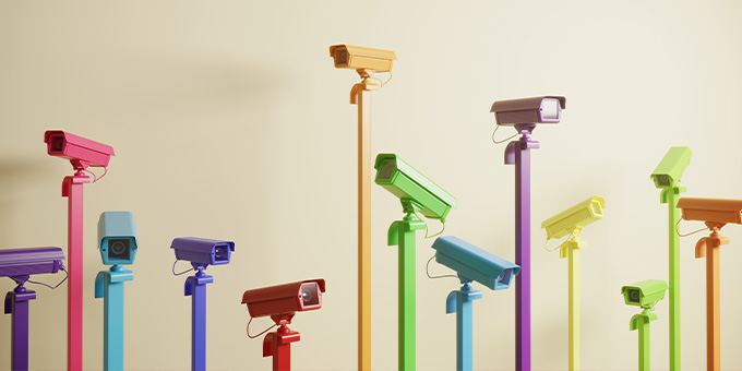 Different color surveillance cameras looking in different directions