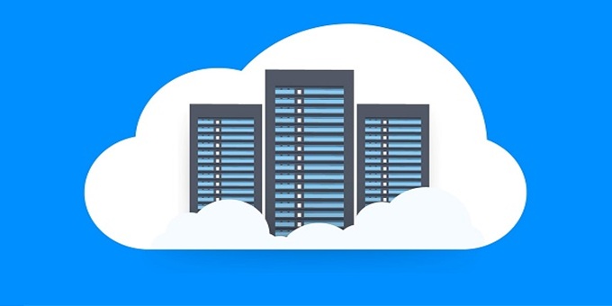 Data centers within a cloud over a blue background