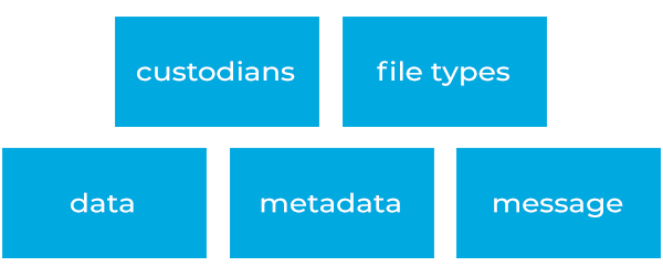 fives boxes. Box 1 - Custodians. Box 2 - file types. Box 3 - data. Box 4 - metadata. Box 5 - message.