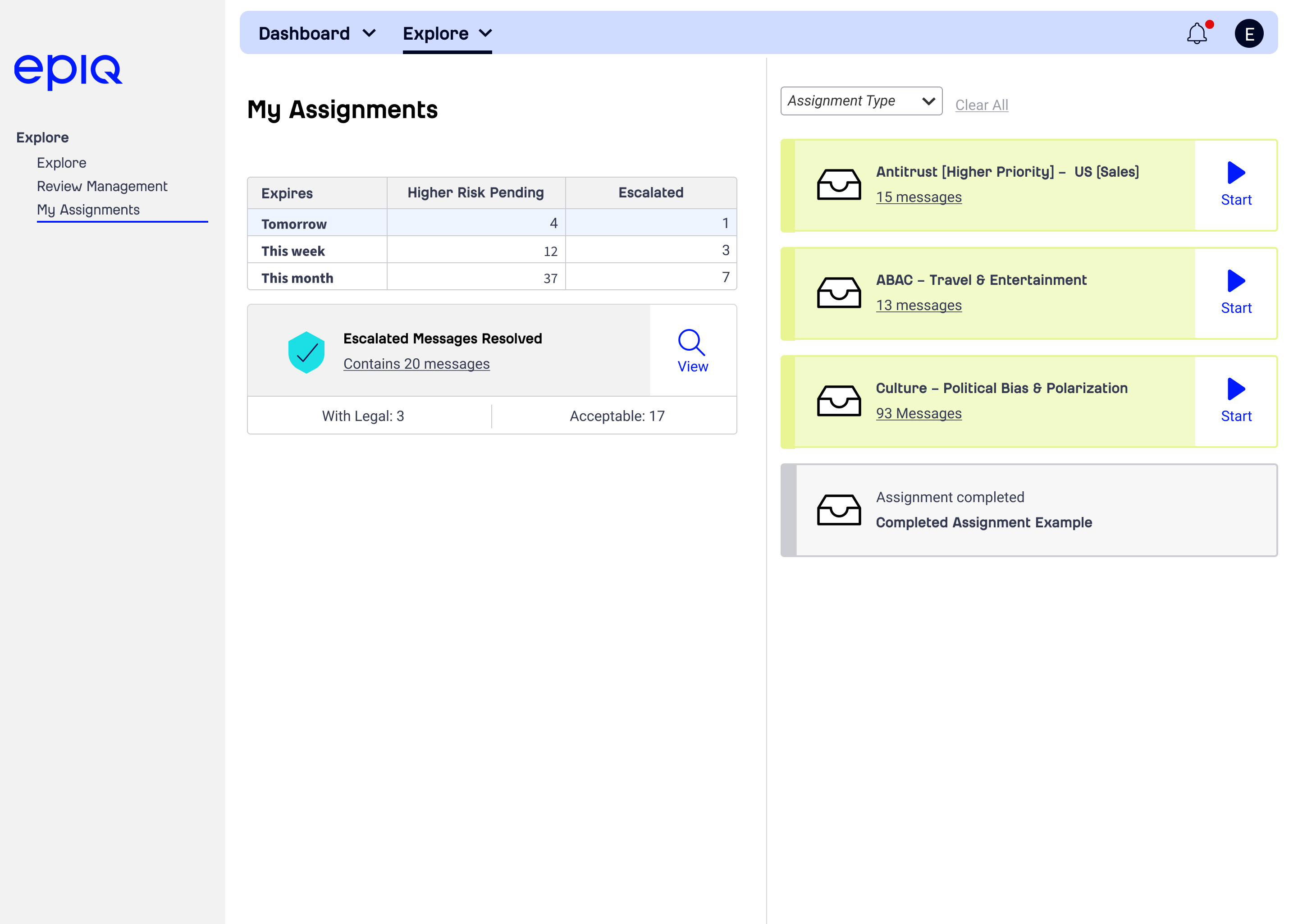 Epiq Detect My Assignments Dashboard
