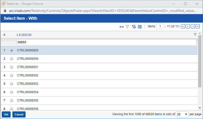 Relativity Compare Select Item With