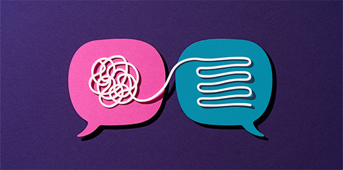 Pink and blue text bubbles over purple background