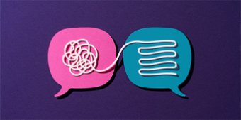 Pink and blue text bubbles over purple background