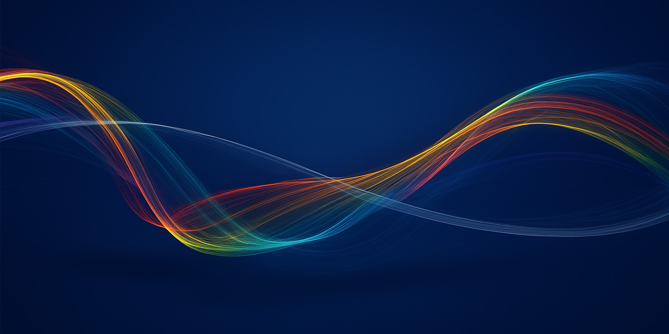 Wavy rainbow lines over a blue background